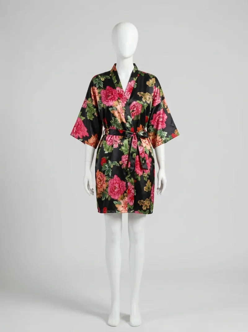 Kimono court polyester satiné femme intérieur fleuri