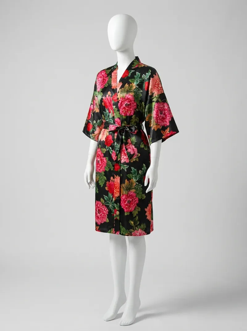 Kimono court polyester satiné femme intérieur fleuri