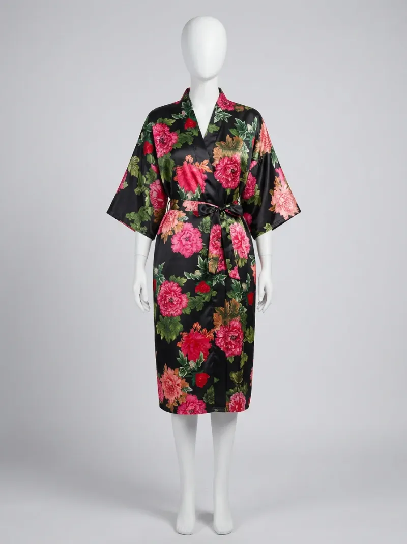 Kimono court polyester satiné femme intérieur fleuri