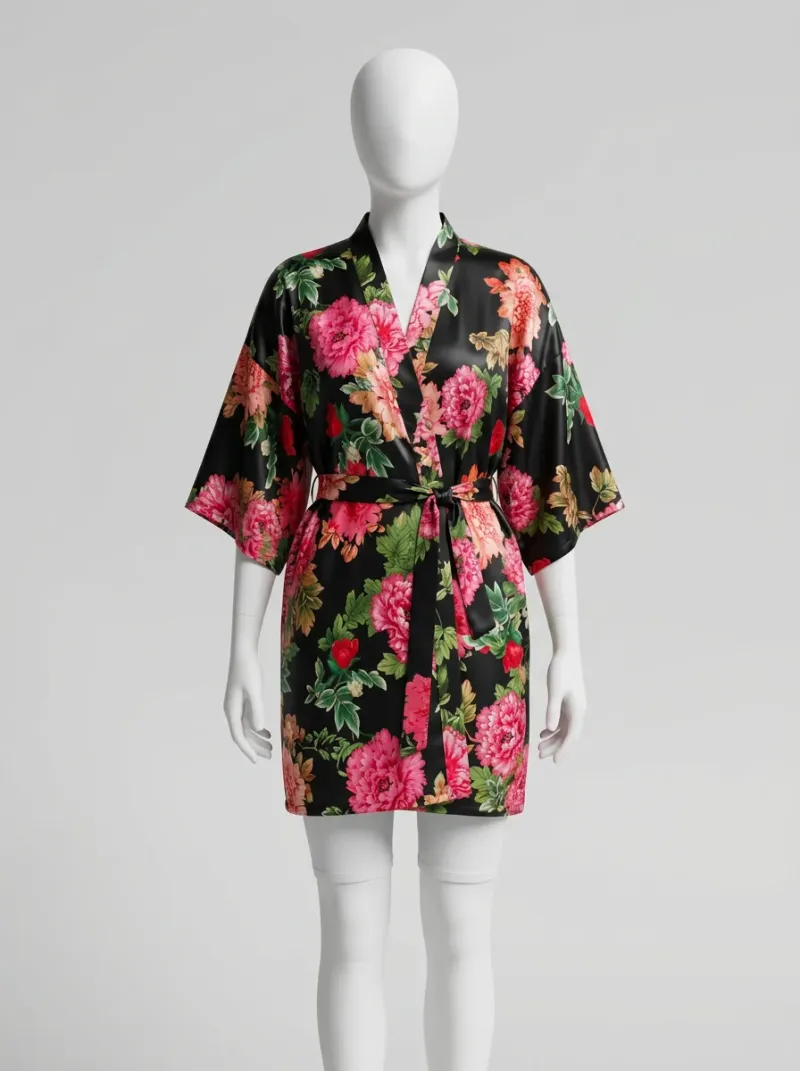 Kimono court polyester satiné femme intérieur fleuri