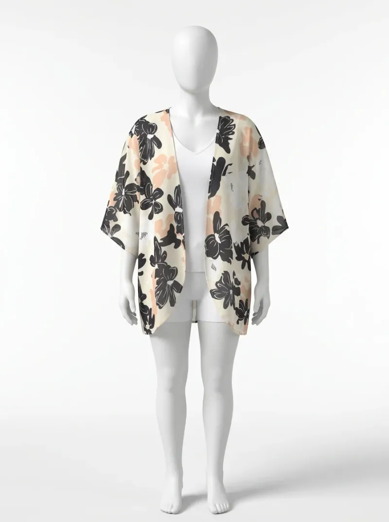 Kimono court polyester vaporeux floral femme festival