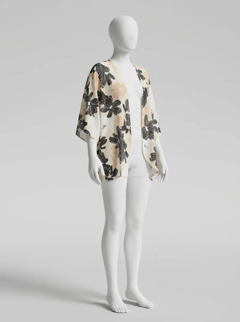 Kimono court polyester vaporeux floral femme festival