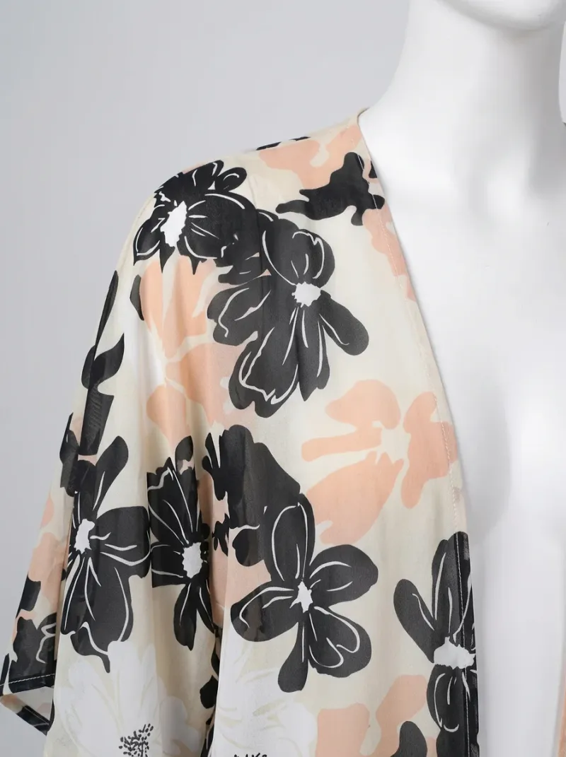 Kimono court polyester vaporeux floral femme festival