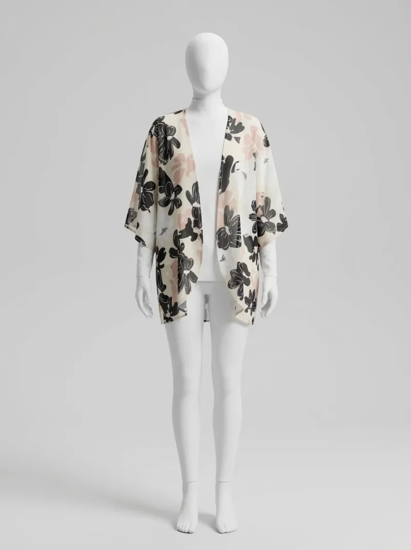 Kimono court polyester vaporeux floral femme festival