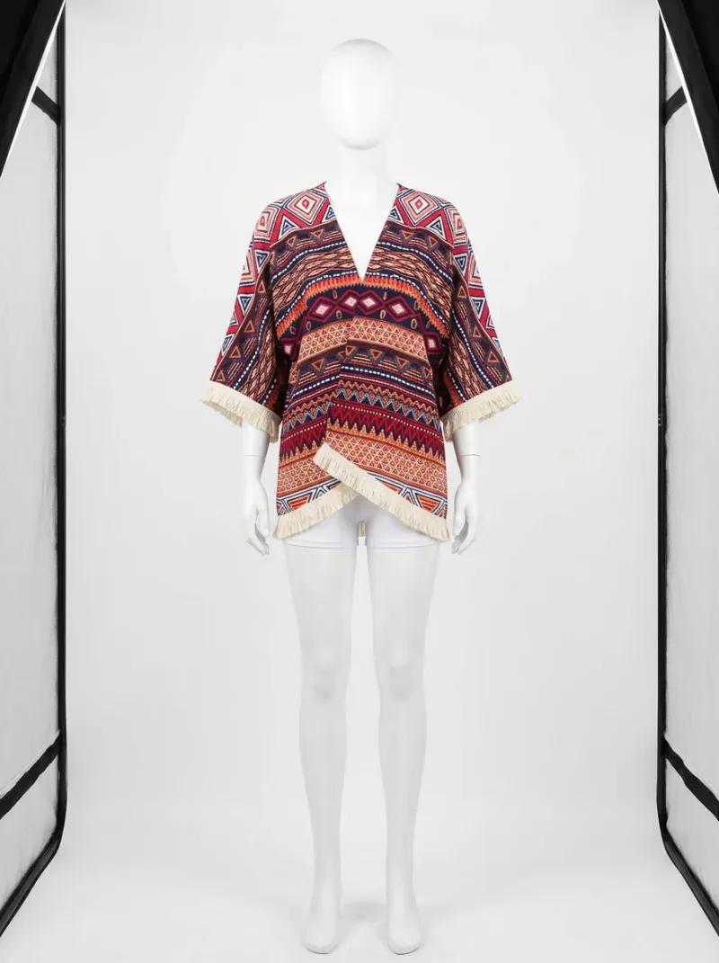 Kimono court polyester imprimé indien femme bohème