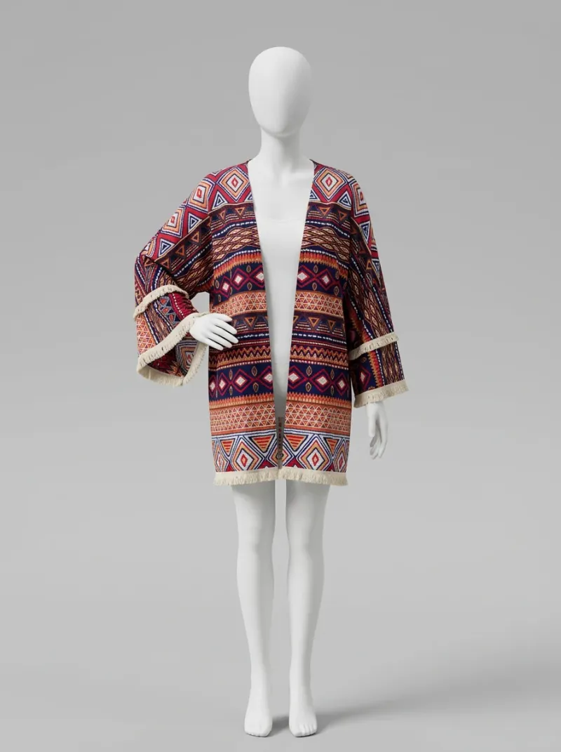 Kimono court polyester imprimé indien femme bohème