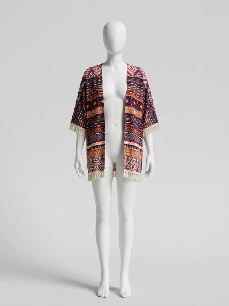Kimono court polyester imprimé indien femme bohème