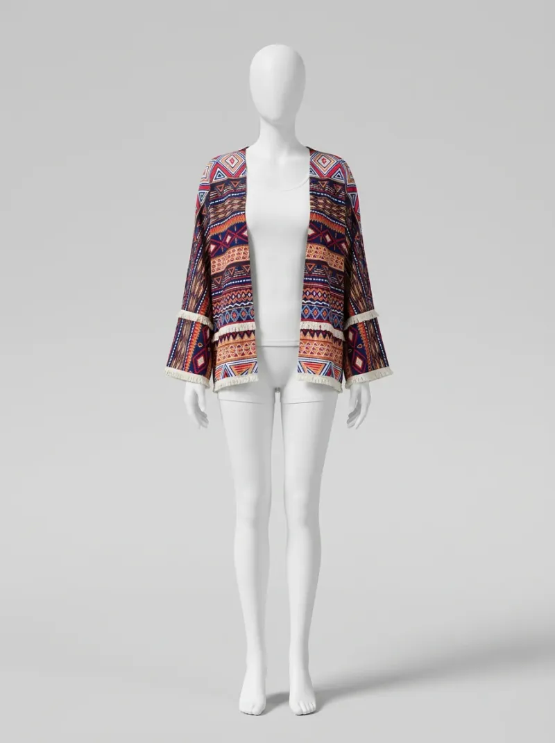 Kimono court polyester imprimé indien femme bohème