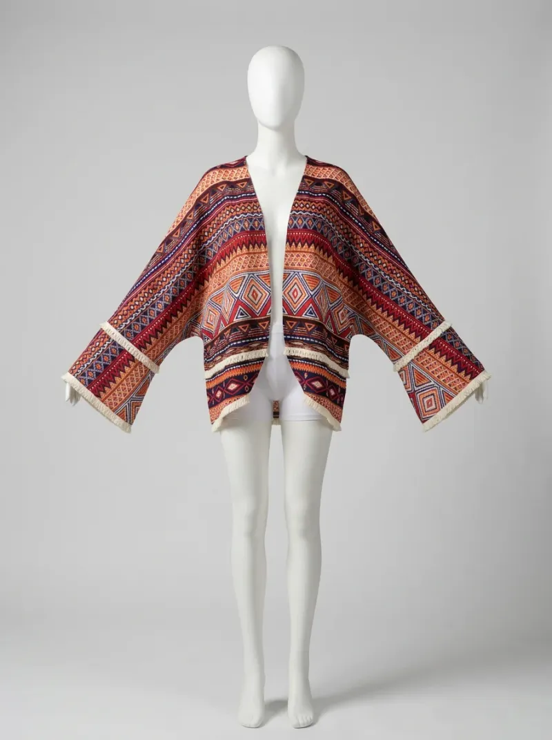 Kimono court polyester imprimé indien femme bohème