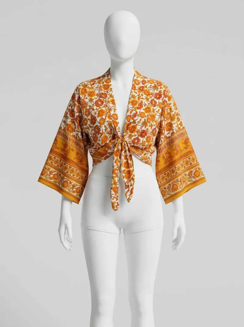 Kimono court coton floral veste plage décontracté