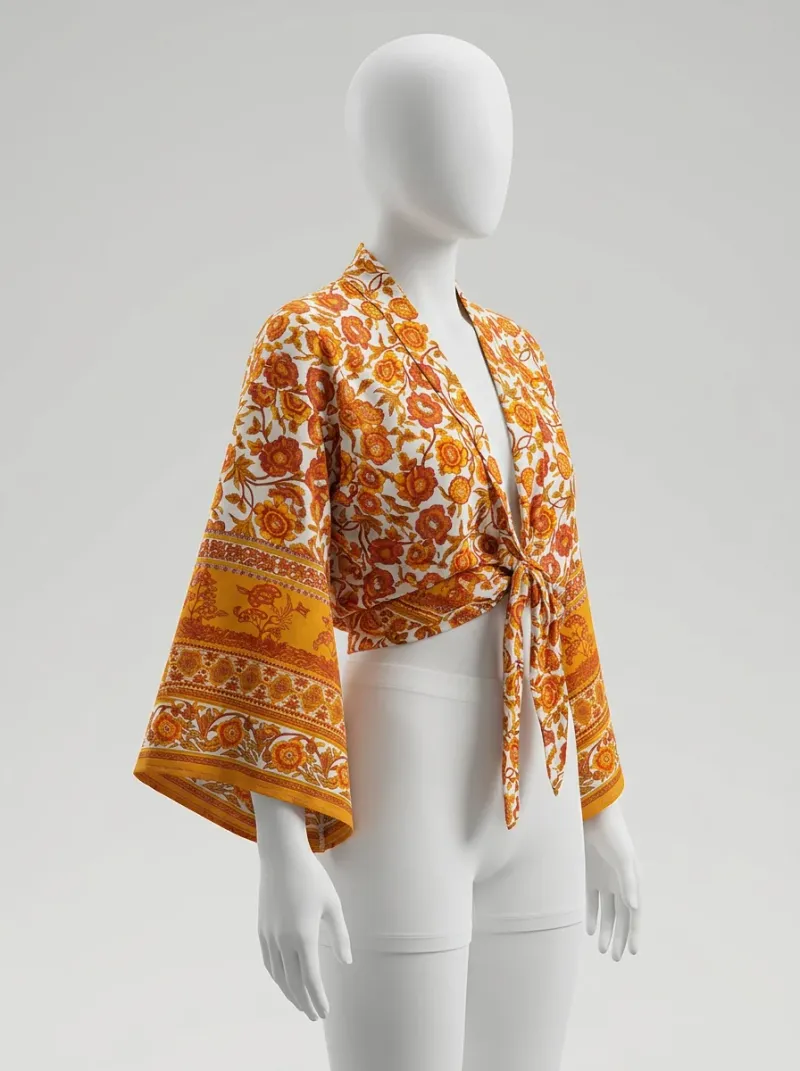 Kimono court coton floral veste plage décontracté