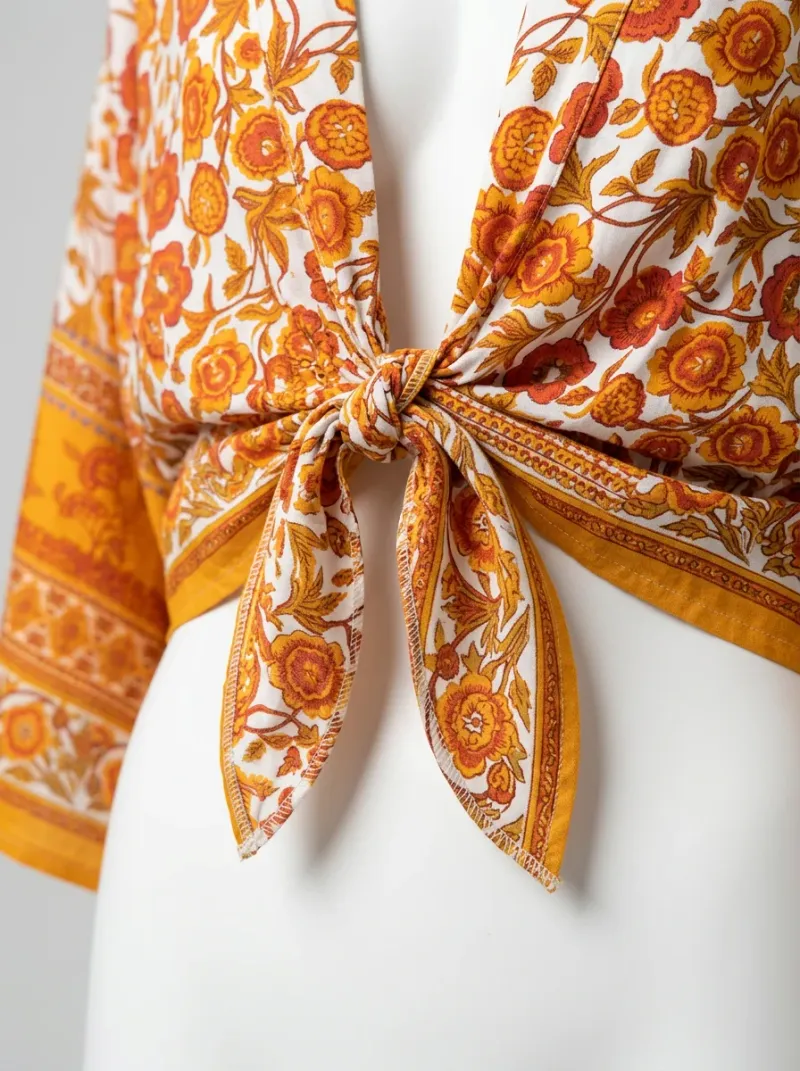 Kimono court coton floral veste plage décontracté