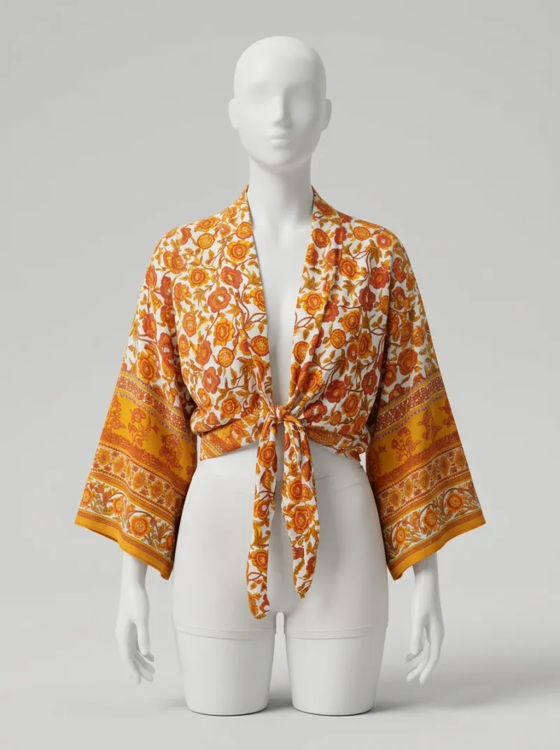 Kimono court coton floral veste plage décontracté