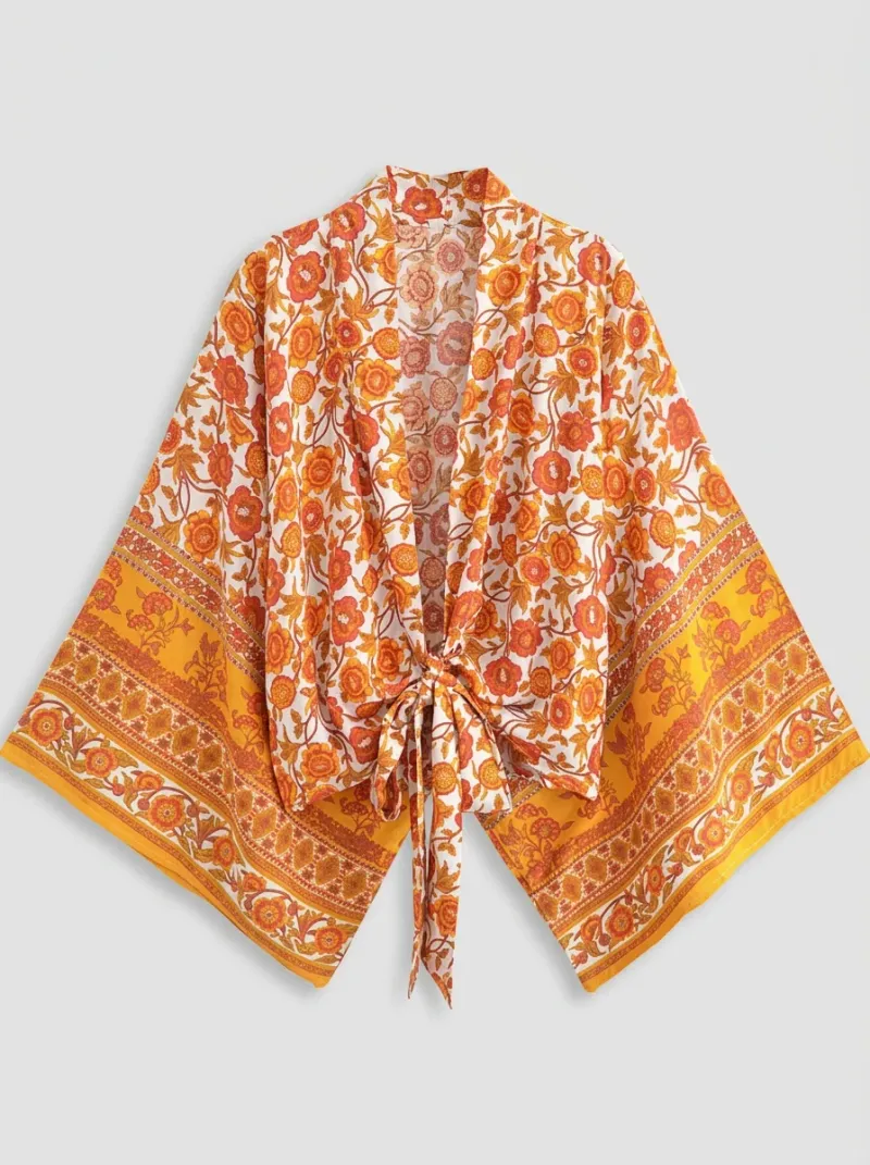 Kimono court coton floral veste plage décontracté
