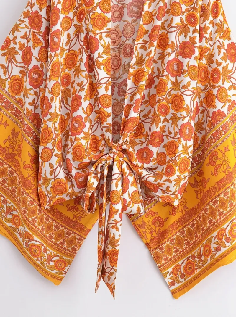 Kimono court coton floral veste plage décontracté