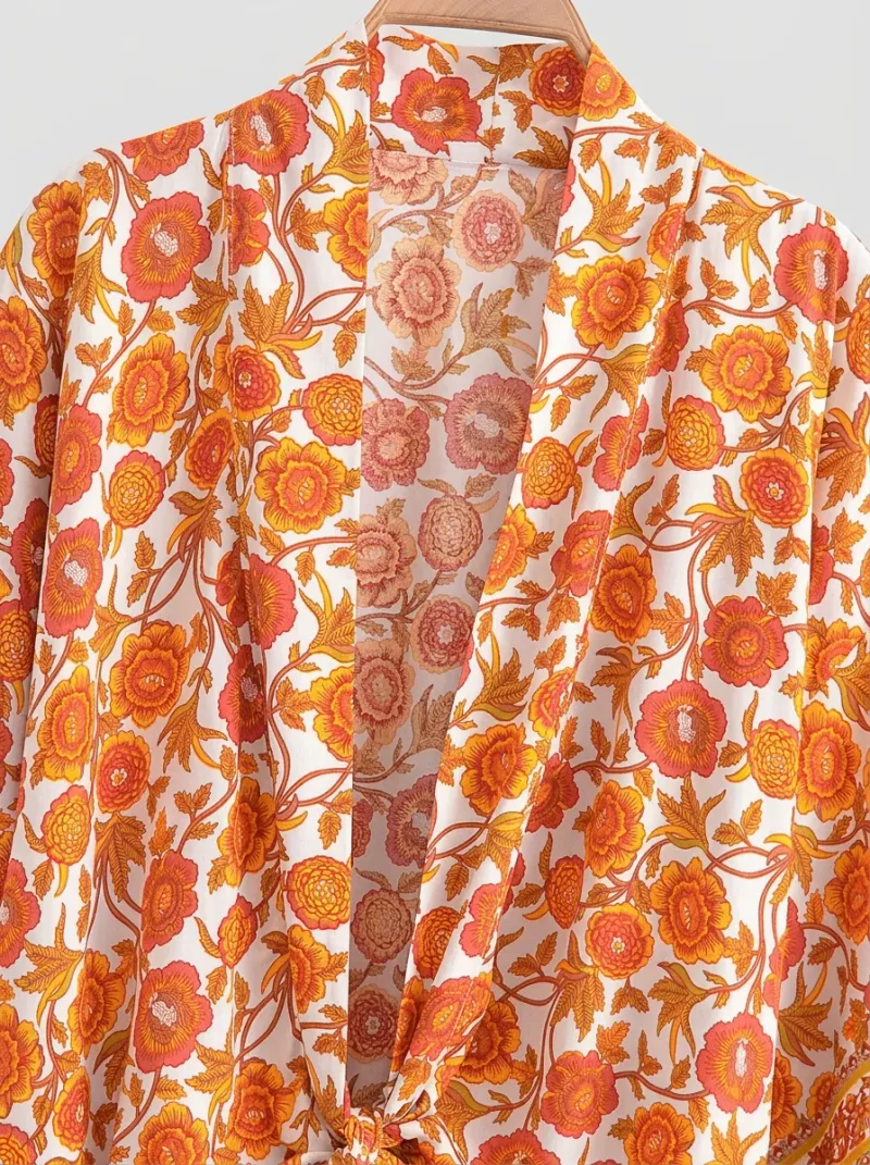 Kimono court coton floral veste plage décontracté