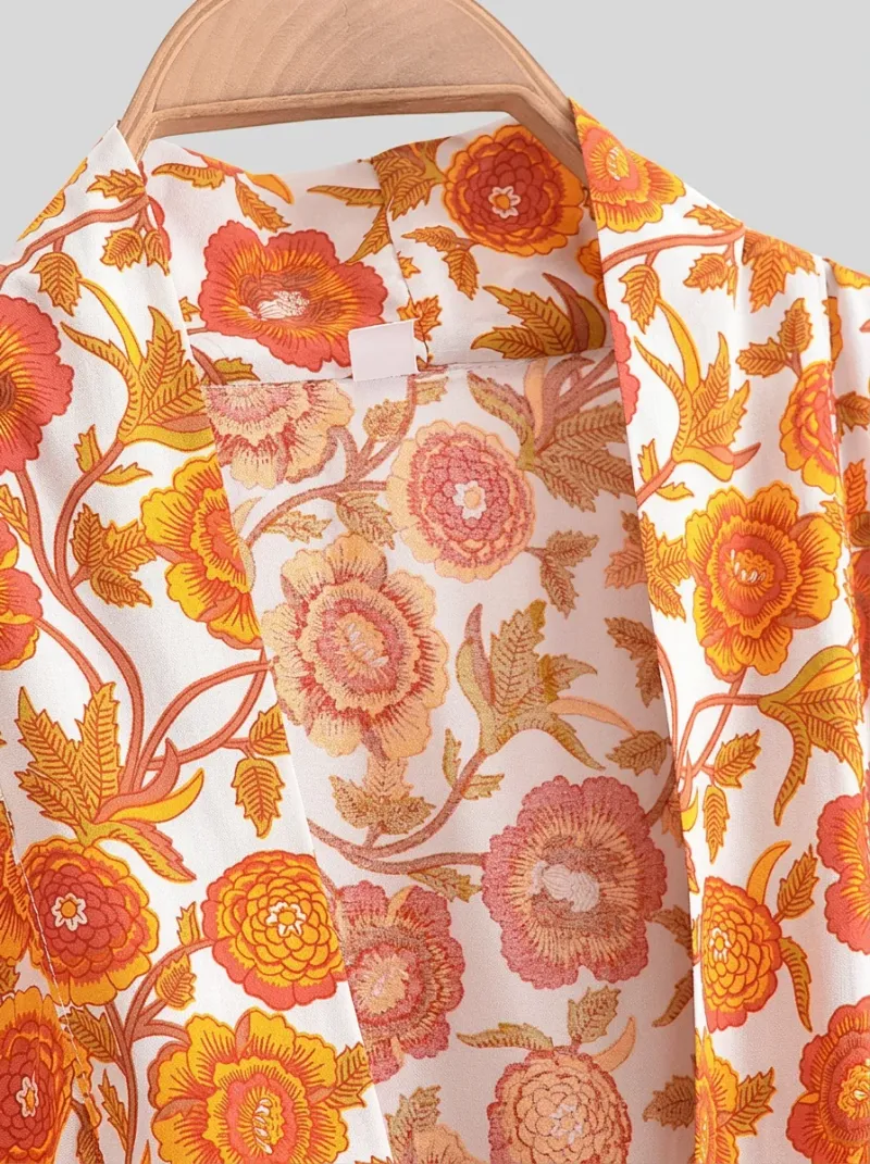 Kimono court coton floral veste plage décontracté