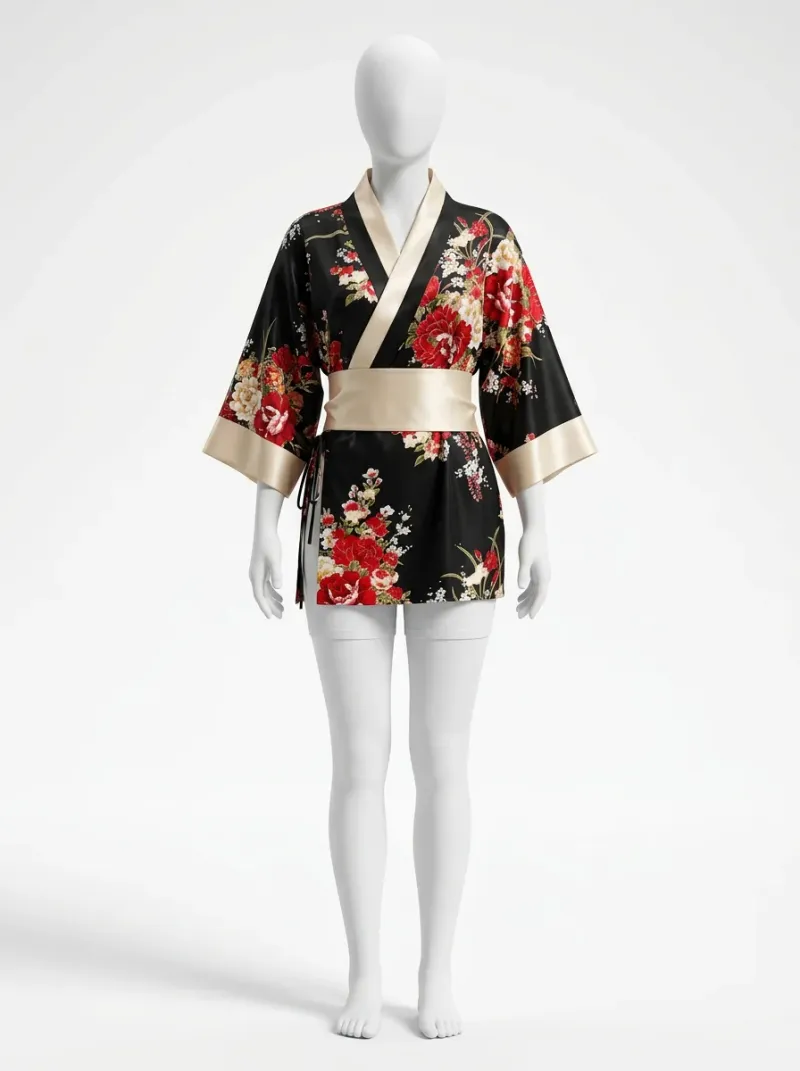 Kimono court polyester soyeux fluide vêtement polyvalent