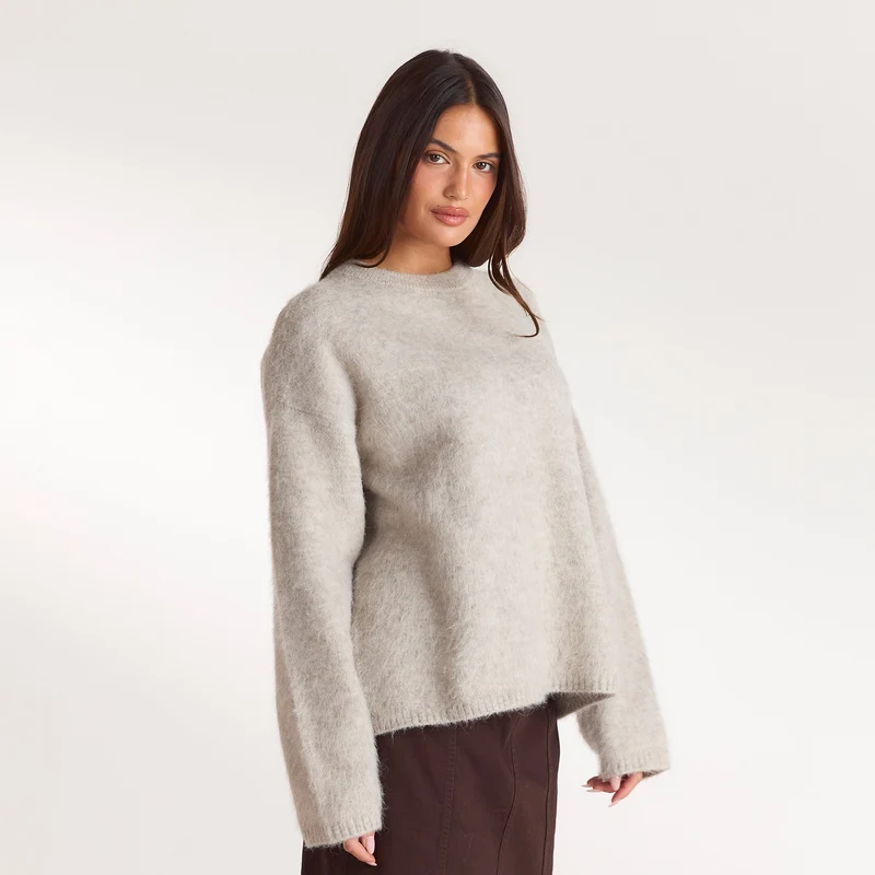 Pull en Maille Duveteuse - Gris Chaud