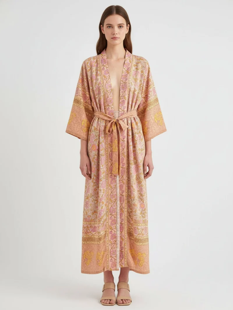 Kimono long femme rose fleuri | Koharu