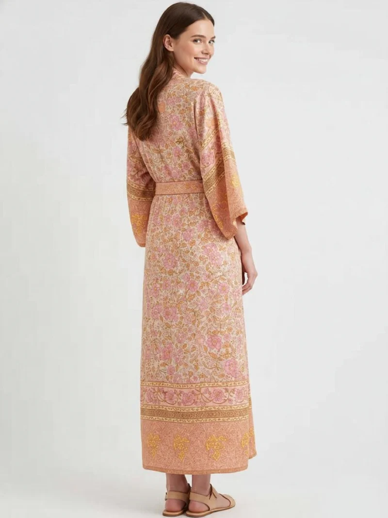 Kimono long femme rose fleuri | Koharu