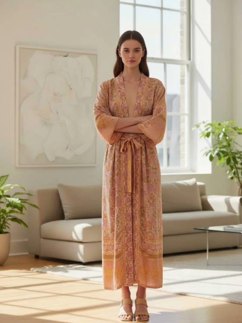 Kimono long femme rose fleuri | Koharu