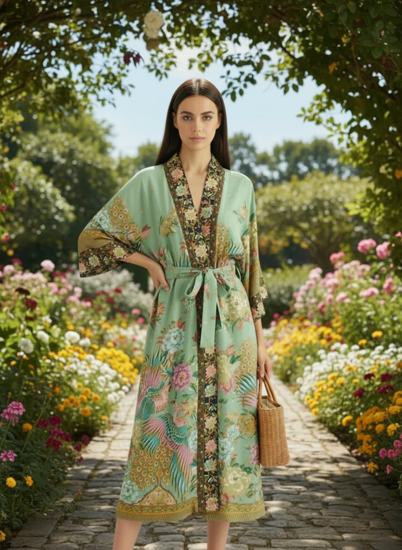 Kimono long femme vert d'eau | Miyabi