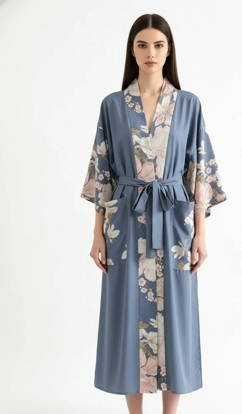 Kimono long femme bleu fleuri | Hanabira