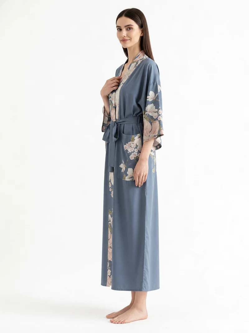 Kimono long femme bleu fleuri | Hanabira