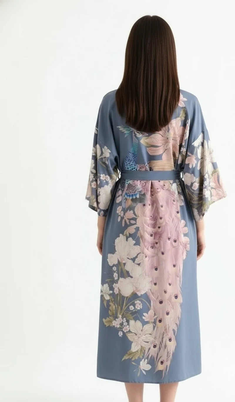 Kimono long femme bleu fleuri | Hanabira