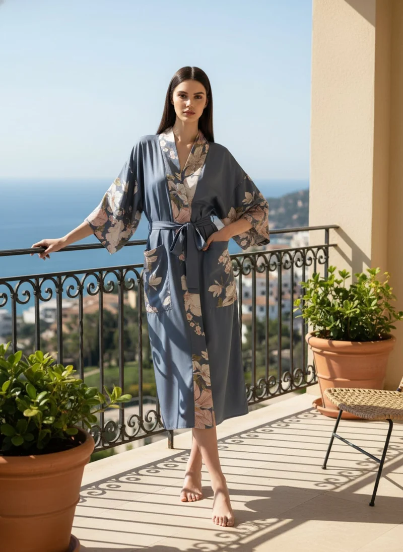 Kimono long femme bleu fleuri | Hanabira
