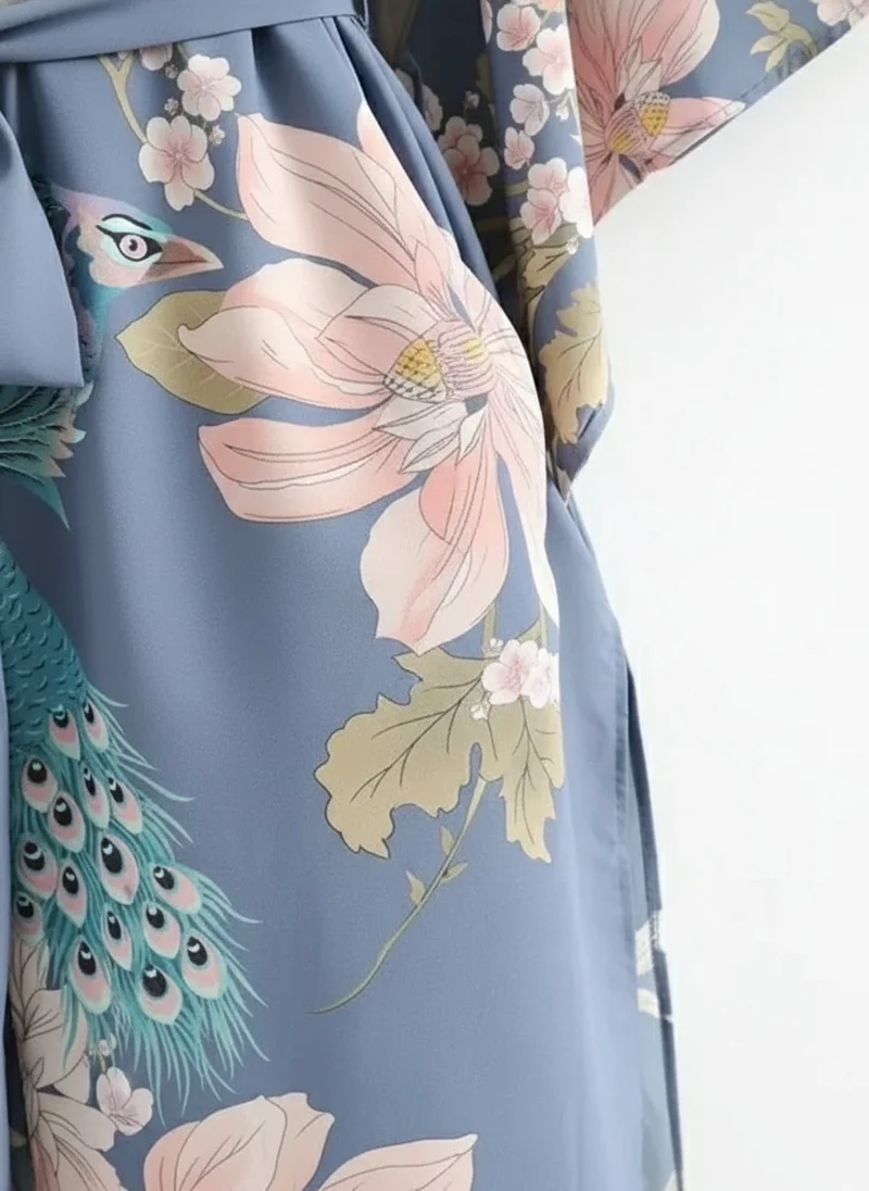Kimono long femme bleu fleuri | Hanabira