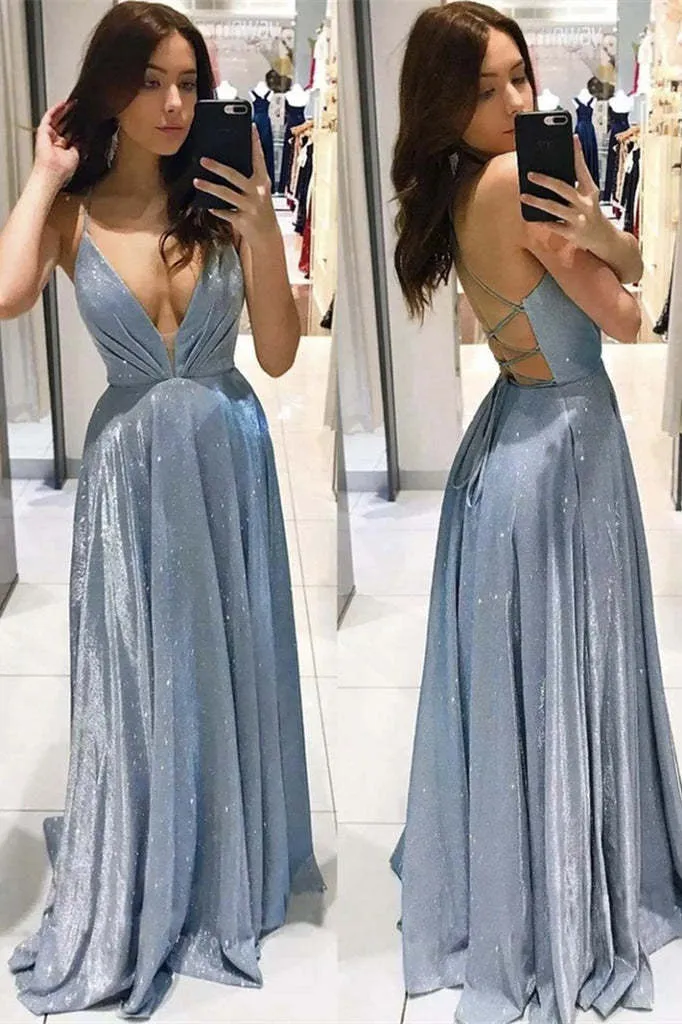 Robe de bal longue à bretelles spaghetti dos nu scintillantes avec cordon de serrage