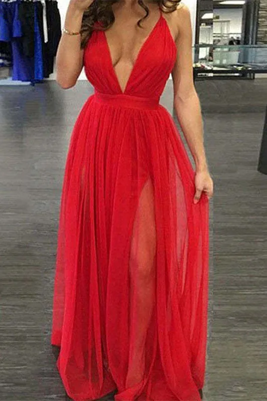Robe de bal rouge en tulle à décolleté plongeant en V et fente haute sur la cuisse