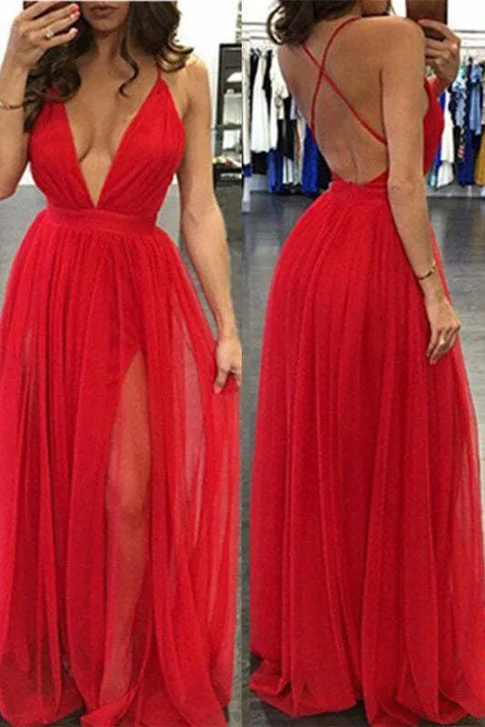 Robe de bal rouge en tulle à décolleté plongeant en V et fente haute sur la cuisse