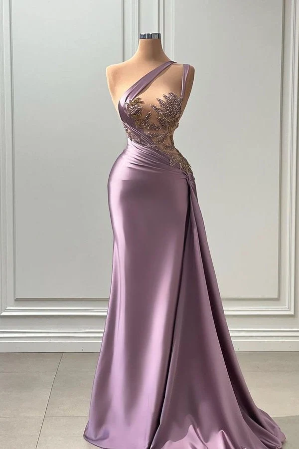 Robe de bal bustier en satin violet avec perles plissées
