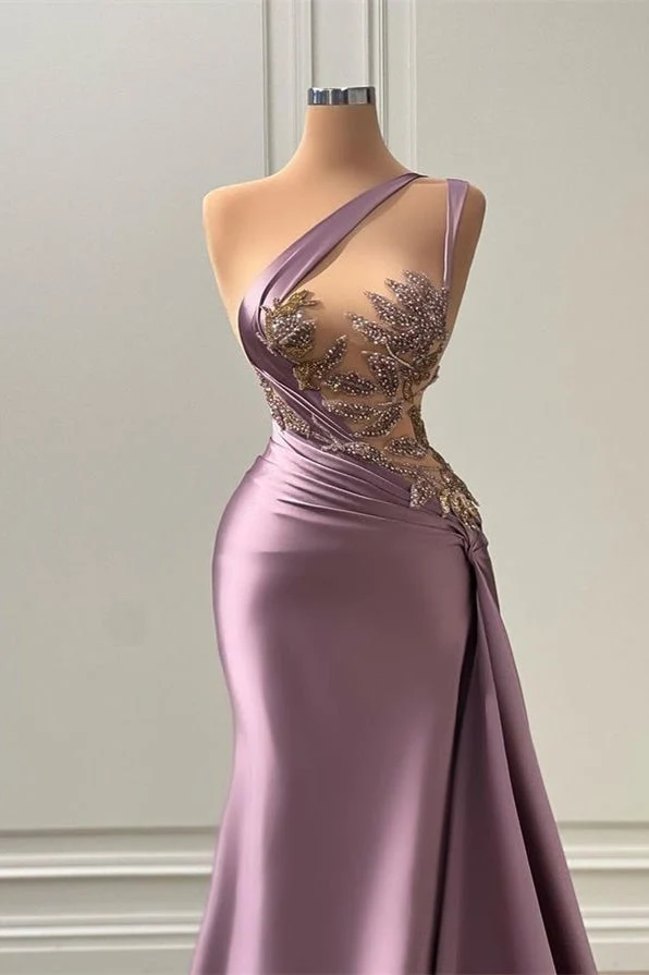 Robe de bal bustier en satin violet avec perles plissées
