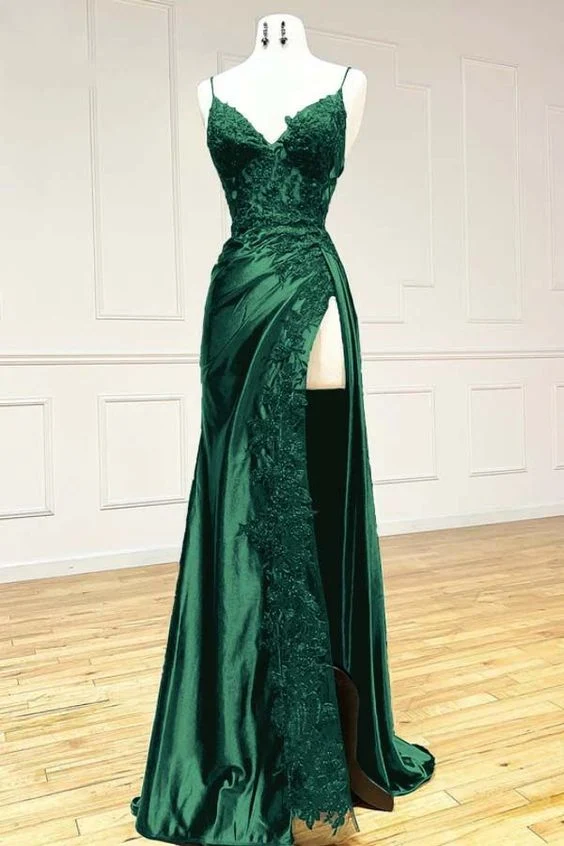 Robe de bal longue élégante verte en satin vert, col en V et dos lacé