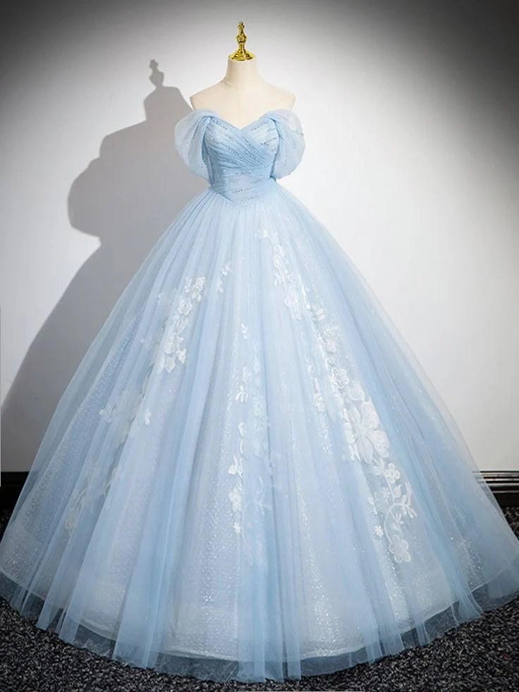 Robe de bal longue bleue à épaules dénudées en tulle et sequins, coupe trapèze