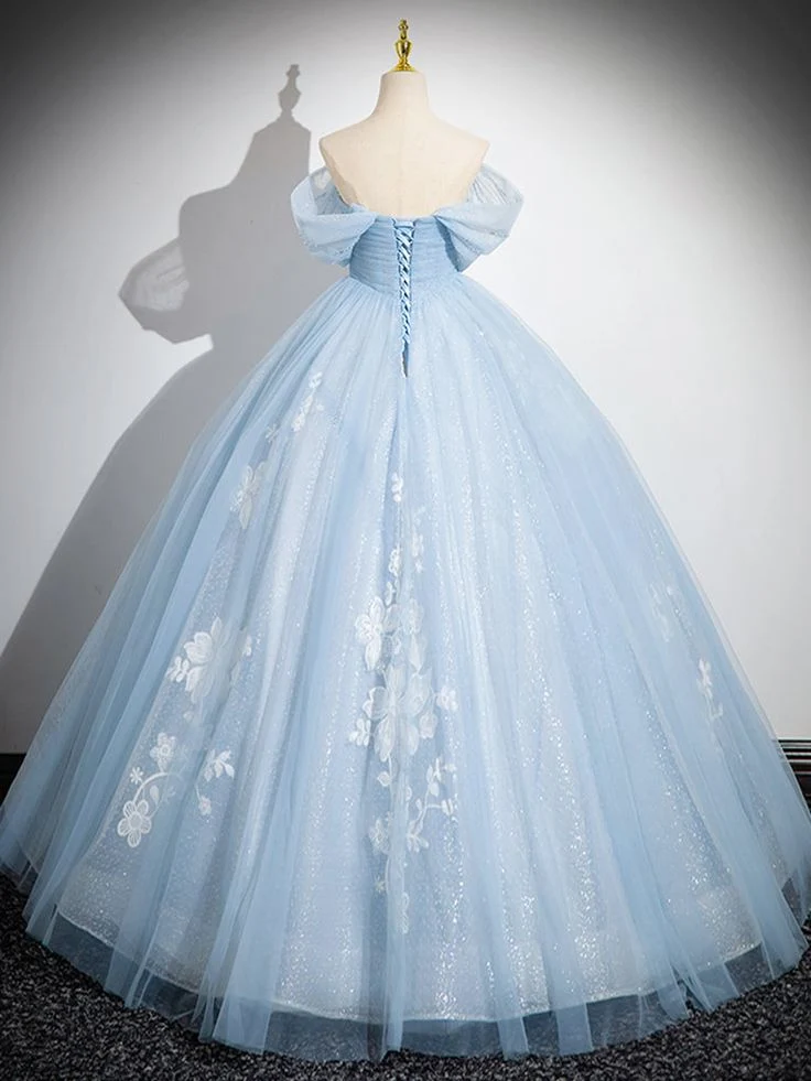 Robe de bal longue bleue à épaules dénudées en tulle et sequins, coupe trapèze