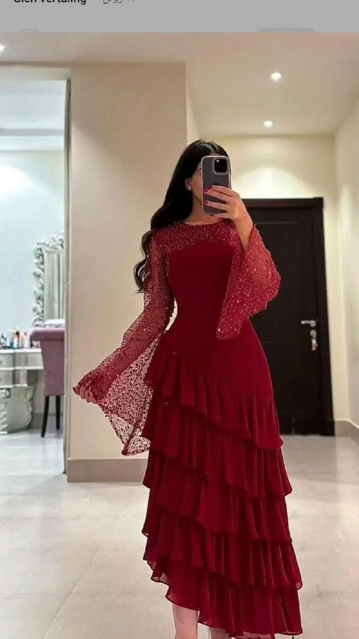 Robe de soirée bordeaux à sequins, col rond et volants, longueur cheville, pour femme