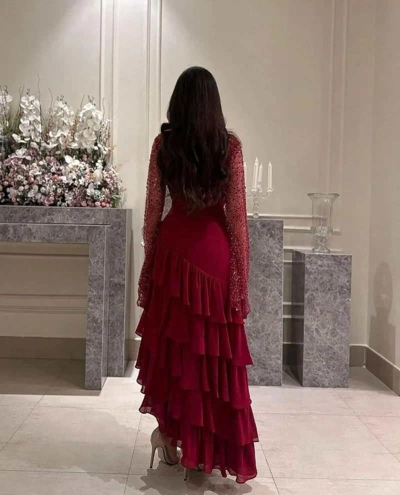 Robe de soirée bordeaux à sequins, col rond et volants, longueur cheville, pour femme