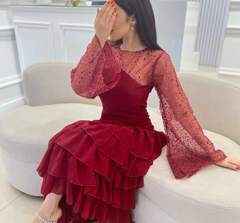 Robe de soirée bordeaux à sequins, col rond et volants, longueur cheville, pour femme