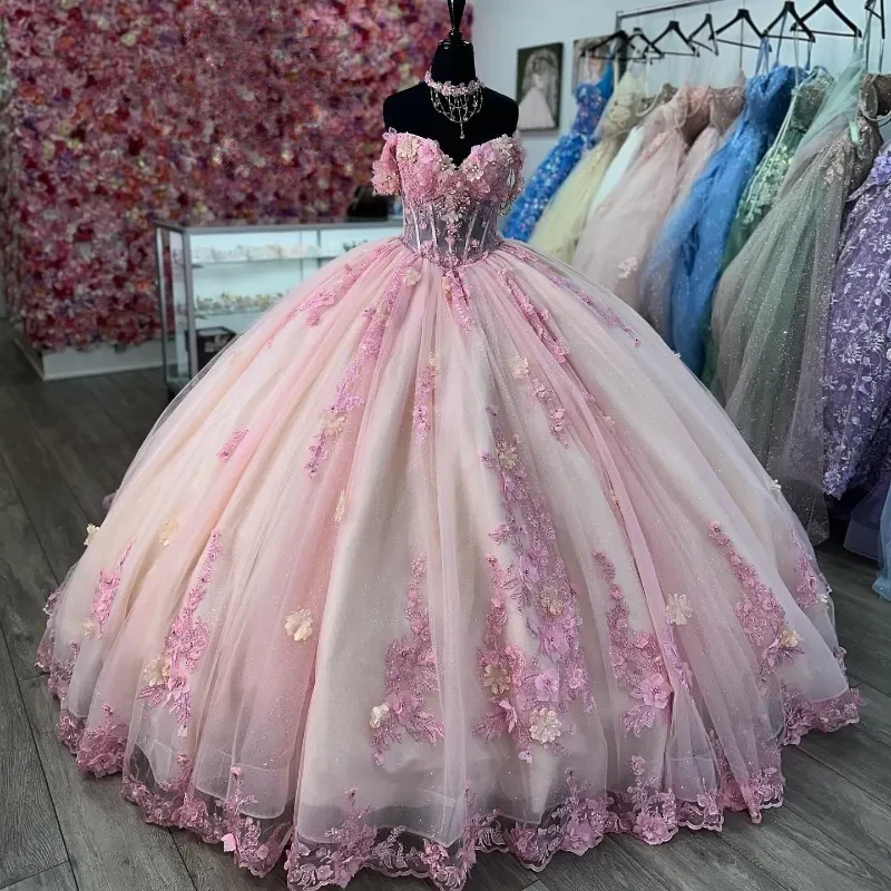 Robe de bal de quinceañera rose à épaules dénudées et application florale 3D en dentelle appliquée