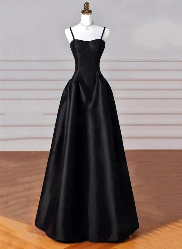Robe de bal longue élégante en satin noir, coupe trapèze, dos lacé