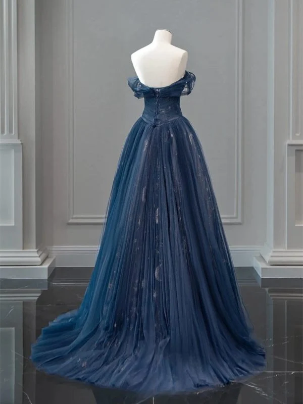 Robe de bal longue bleu foncé en tulle et dentelle, coupe trapèze, épaules dénudées