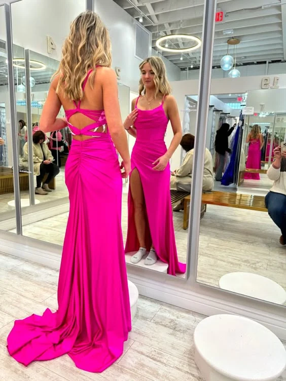 Robe de bal sirène en satin fuchsia avec fente haute et fermeture éclair