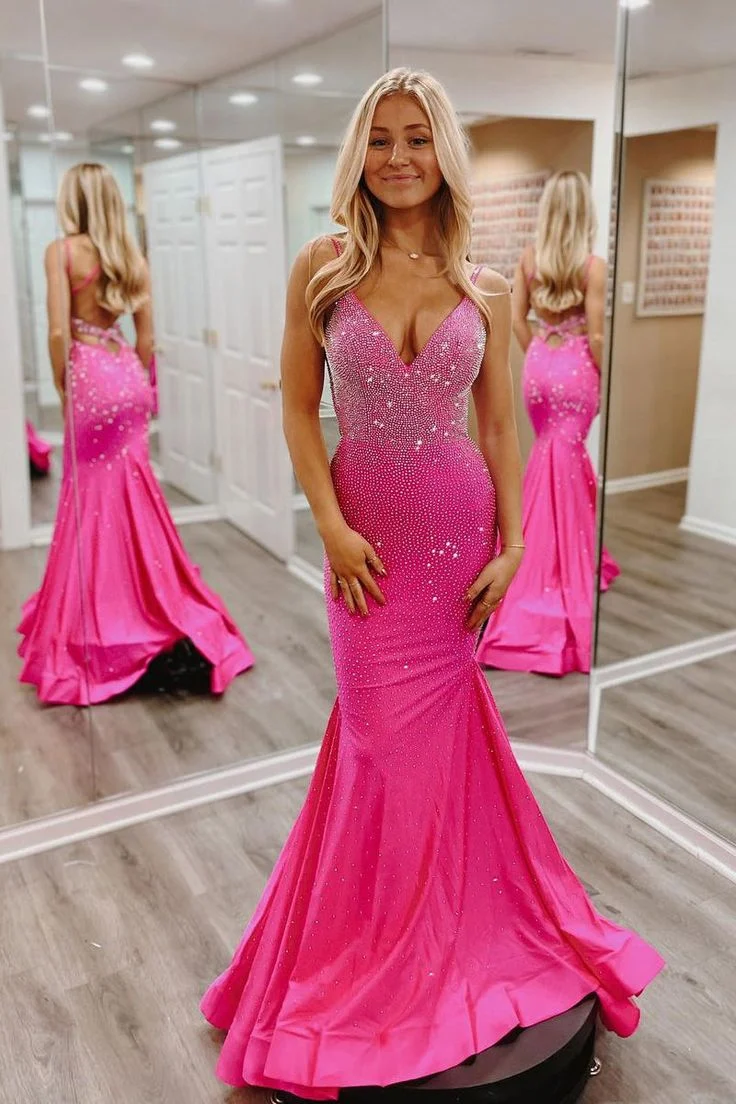 Robe de bal sirène en satin rose fuchsia à col en V ornée de perles