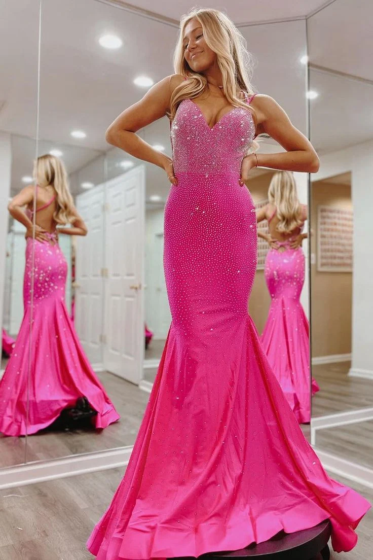 Robe de bal sirène en satin rose fuchsia à col en V ornée de perles