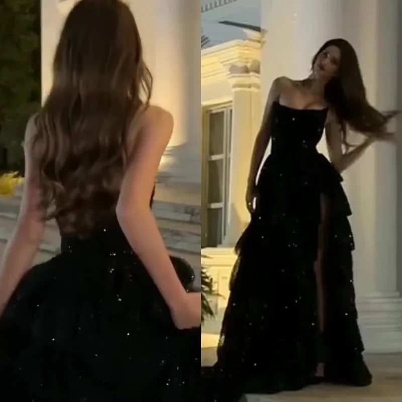 Robe de bal élégante en tulle brillant multicouche pour femme, noire.